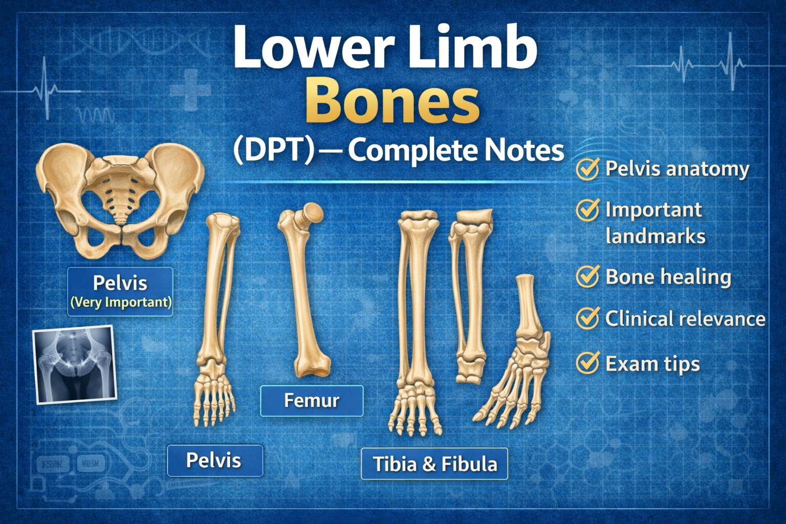 Lower Limb Bones Anatomy for DPT students: pelvis (very important), femur, tibia and fibula, and foot bones with diagrams and clinical notes