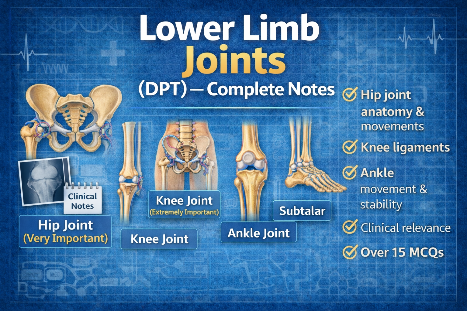 Lower Limb Joints for DPT students: hip joint (very important), knee joint (extremely important), ankle joint, and subtalar joint with ligaments, movements, clinical notes and MCQs