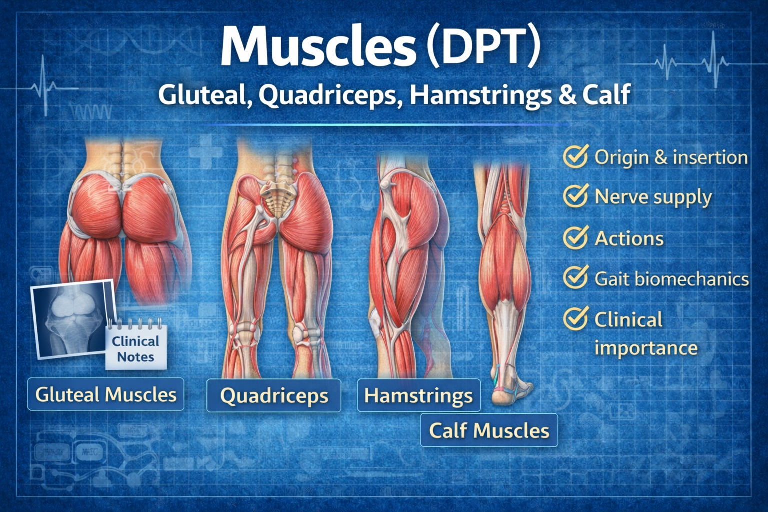Muscles for DPT students: gluteal muscles, quadriceps, hamstrings, and calf muscles with origin, insertion, nerve supply, actions, gait role and clinical notes