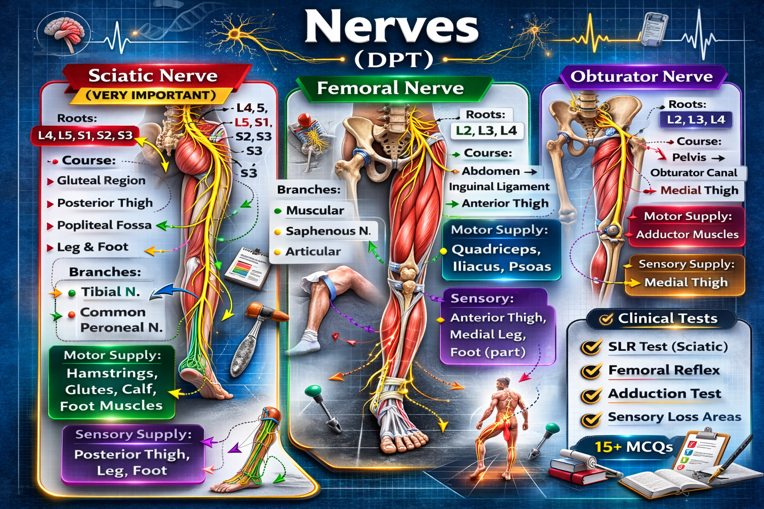 Nerves (DPT): sciatic nerve (very important), femoral nerve, and obturator nerve with roots, course, motor and sensory supply, clinical tests and MCQs
