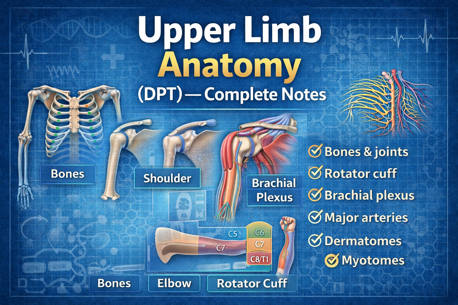 Upper Limb Anatomy for DPT students: bones, shoulder joint, rotator cuff, brachial plexus, arteries, dermatomes and myotomes